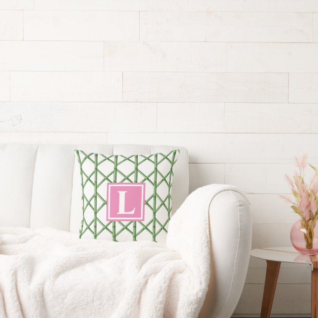 Preppy Green Trellis Bamboo Pattern Monogram Cushion (Couch)