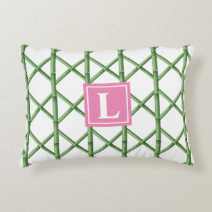 Preppy Green Trellis Bamboo Pattern Monogram Decorative Cushion