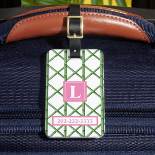 Preppy Green Trellis Bamboo Pattern Monogram Luggage Tag