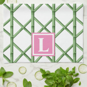 Preppy Green Trellis Bamboo Pattern Monogram Tea Towel