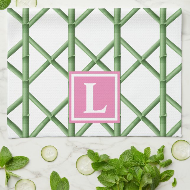 Preppy Green Trellis Bamboo Pattern Monogram Tea Towel (Folded)