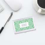 Preppy Green & White Bamboo Lattice Pattern Business Card Holder<br><div class="desc">Carry your business cards in classic preppy style with our chic personalised card case. This design has a retro tropical vibe, with a geometric bamboo lattice pattern in vibrant green and white, and your name, monogram or company name in coordinating navy blue lettering. Designer tip: to maintain the unique effect...</div>
