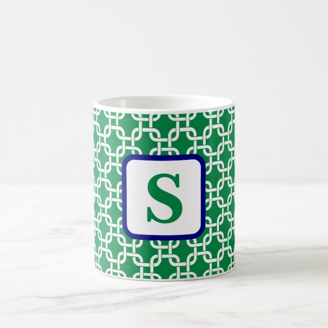 Preppy Green White Link Pattern Monogram Coffee Mug (Center)