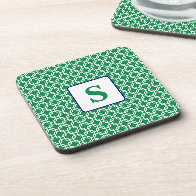 Preppy Green White Link Pattern Navy Monogram Coaster (Left Side)