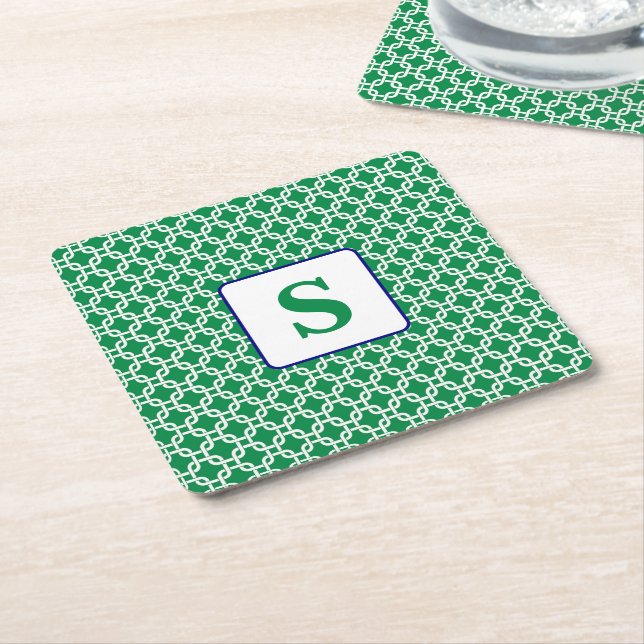 Preppy Green White Link Pattern Navy Monogram  Square Paper Coaster (Angled)