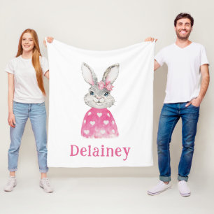 Preppy Grey Bunny Pink Heart Sweater Personalised Fleece Blanket