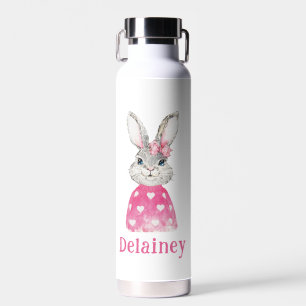 Preppy Grey Bunny Pink Heart Sweater Personalised Water Bottle