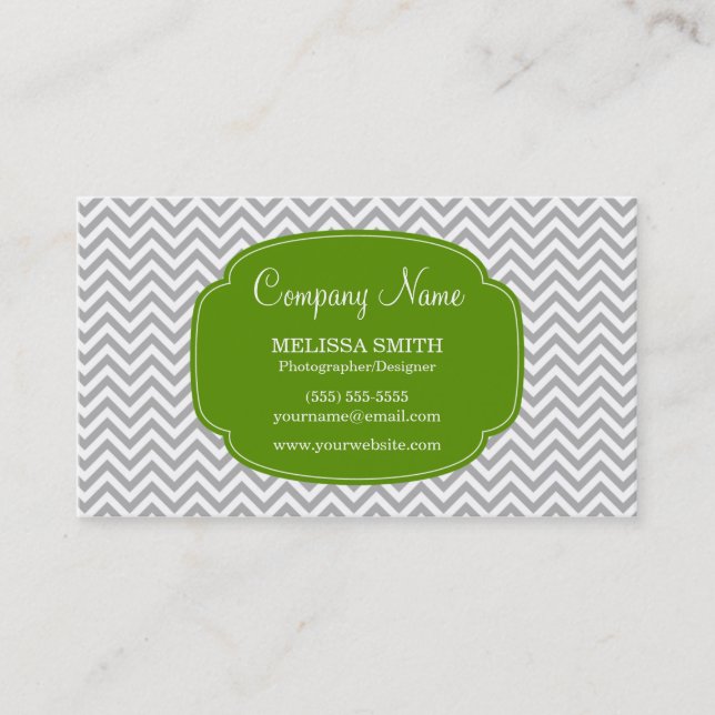 Preppy Grey Green Chevron Pattern Business Card (Front)