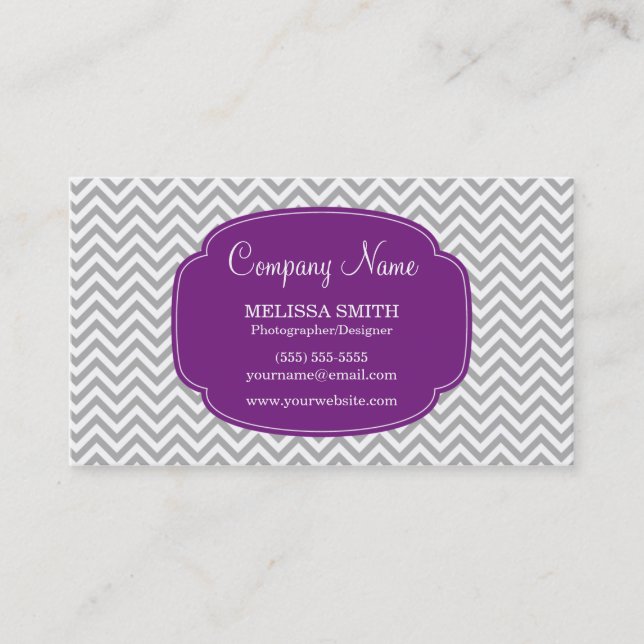 Preppy Grey Purple Chevron Pattern Business Card (Front)