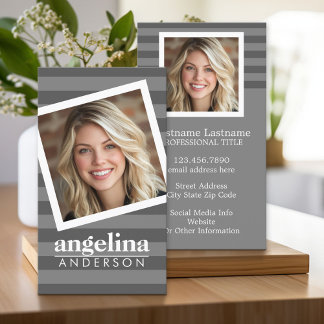 Preppy Grey Striped Pattern Custom Name and Photo Business Card