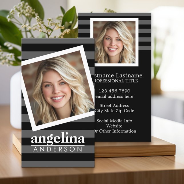 Preppy Grey Striped Pattern Custom Name and Photo Business Card (Custom Business Cards)