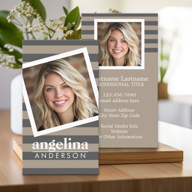 Preppy Grey Striped Pattern Custom Name and Photo Business Card (Custom Business Cards)