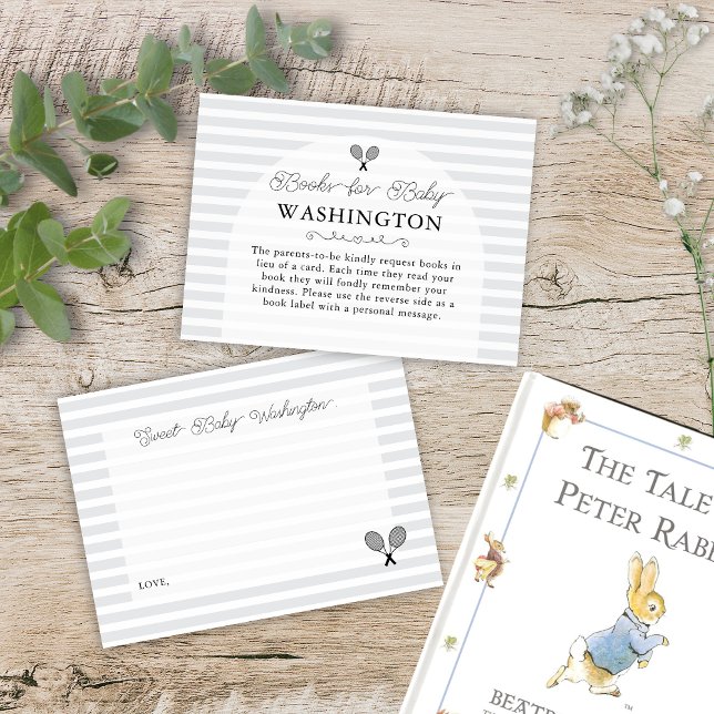 Preppy Grey Tennis Baby Shower Book Request Enclosure Card (Light grey tennis theme baby shower books for baby book request enclosure cards for gender neutral)