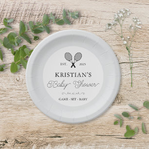 Preppy Grey Tennis Theme Chic Baby Shower Paper Plate
