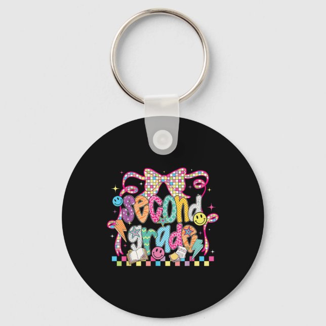 Preppy Groovy Second Grade Back To School Coquette Key Ring (Front)