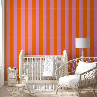 Preppy Hand-Drawn Bold Stripe in Pink & Orange Wallpaper