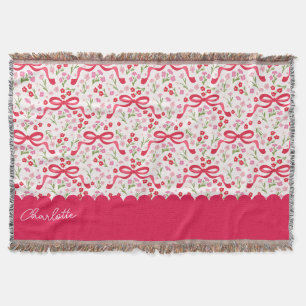 Preppy Hand Drawn Coquette Pink Red Bows Throw Blanket