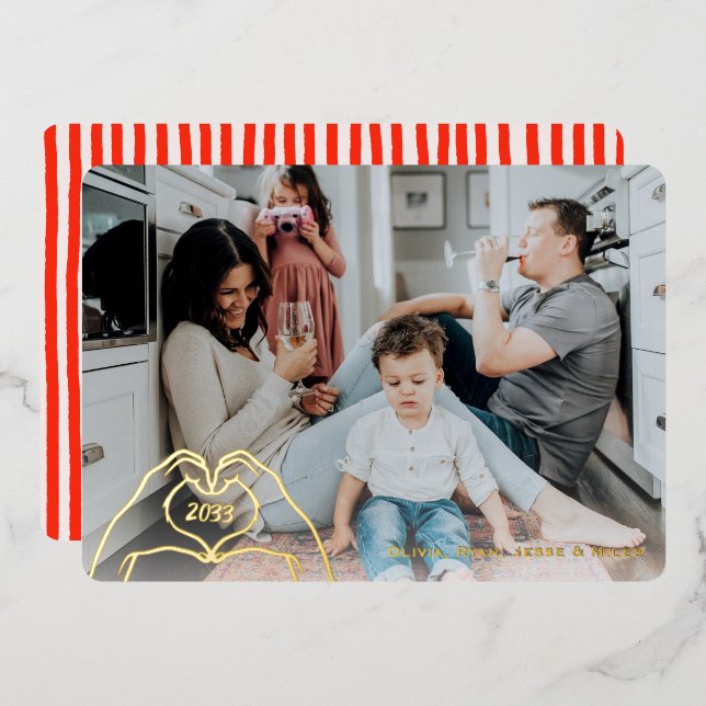 Preppy Hand Drawn Red Stripe Gold Foil Holiday Card (Front/Back)