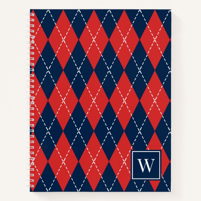 Preppy Hand-Stitched Argyle – Red & Navy Notebook (Front)