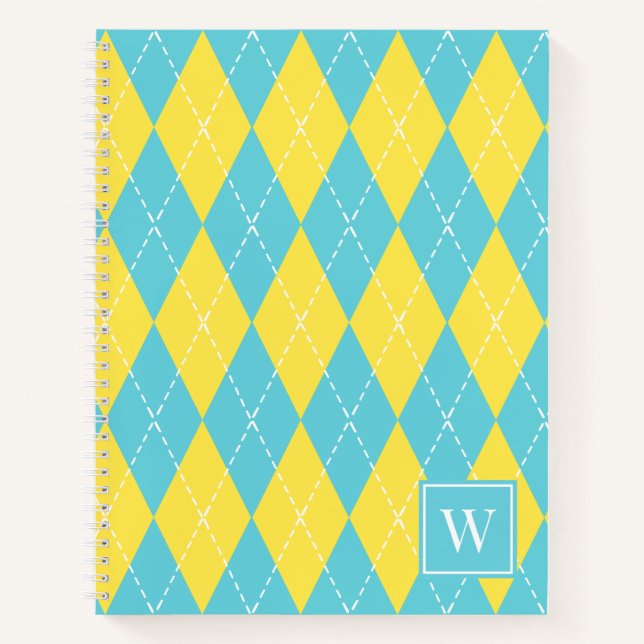 Preppy Hand-Stitched Argyle – Yellow & Turquoise Notebook (Front)