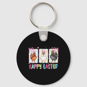 Preppy Happy Easter Chicken Coquette Bow Cute Farm Key Ring