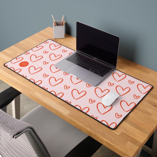 Preppy hearts in pink & red with monogram initial desk mat (Office 2)