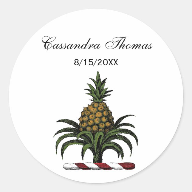Preppy Heraldic Pineapple Crest Colour RWT Classic Round Sticker (Front)