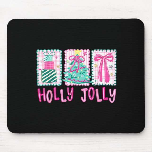 Preppy Holly Xmas Jolly Coquette Bow Christmas Tre Mouse Mat (Front)