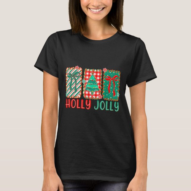 Preppy Holly Xmas Jolly Vibes Bow Christmas Girl W T-Shirt (Front)