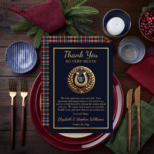 Preppy Horseshoe Emblem Blue Flat Thank You Card (Charming Classic Preppy Gold Horseshoe Monogram Emblem | Plaid Boy Baby Shower Thank You Flat Card)