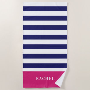 Preppy Hot Pink and Navy Blue Stripes Monogram Beach Towel