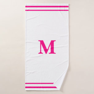 Preppy Hot Pink Elegant Minimal Border Initial Bath Towel
