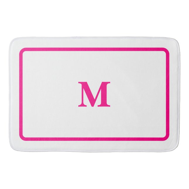 Preppy Hot Pink Elegant Minimal Framed Initial Bath Mat (Front)