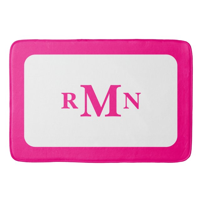 Preppy Hot Pink Elegant Minimal Framed Monogram Bath Mat (Front)