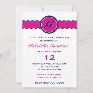 Preppy Hot Pink & Navy Blue Monogram Invitation