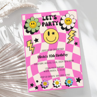 Preppy Hot Pink Retro Happy Face Party Birthday Invitation
