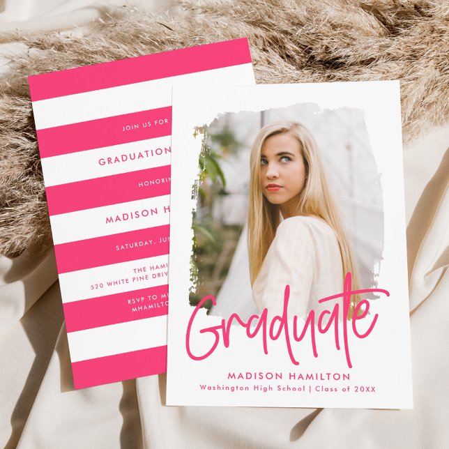 Preppy Hot Pink Script Photo Graduation Party Invitation (Creator Uploaded)