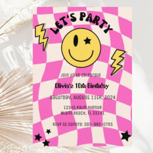 Preppy Hot Pink Y2K Smile Birthday Invitation