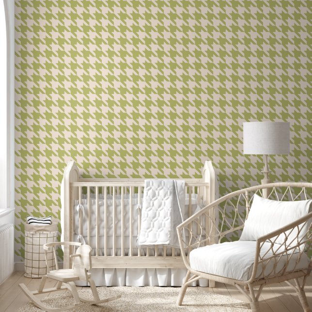 Preppy Houndstooth in Cream and Olive Green Wallpaper (Kids)