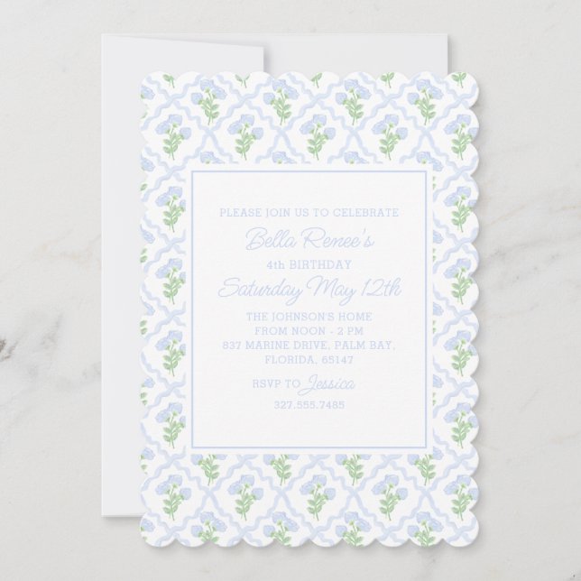 Preppy Hydrangea Watercolor Trellis Editable Invitation (Front)