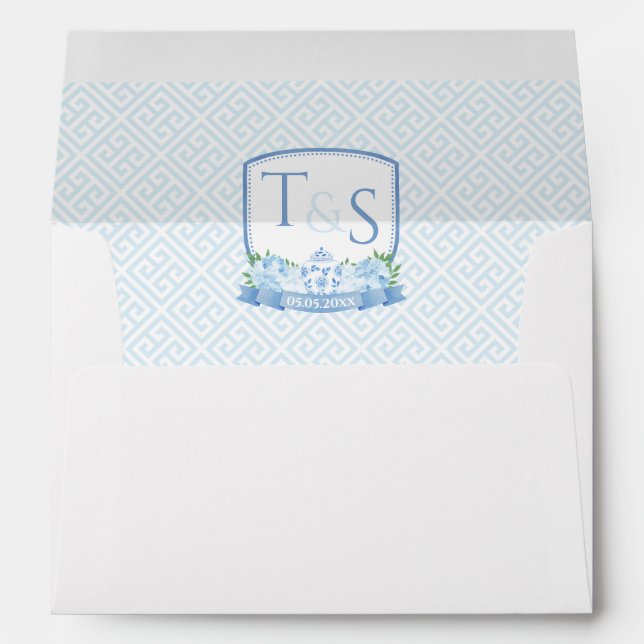 Preppy Hydrangea Wedding Crest Return Address Envelope (Back (Bottom))