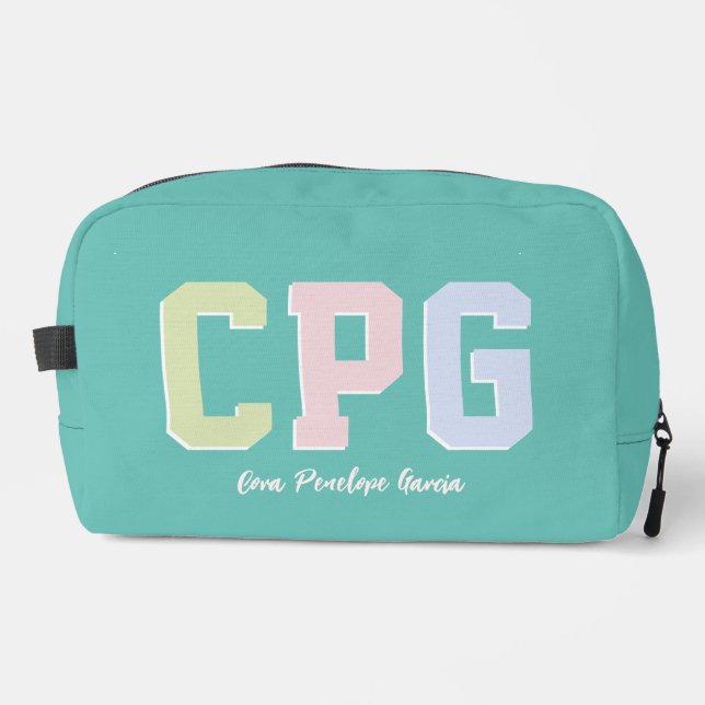 Preppy initials cute trendy personalised teal dopp kit (Front)