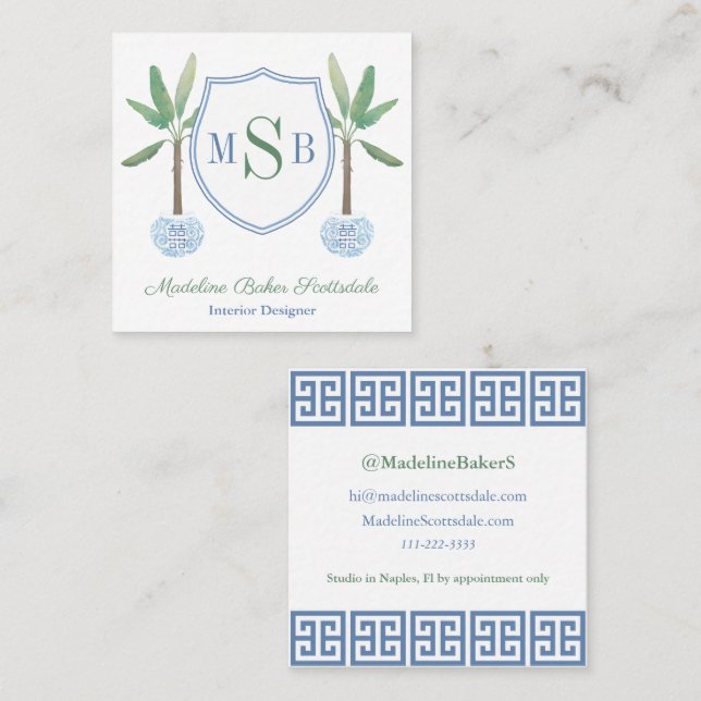 Preppy Interior Designer Monogram Banana Tree  Square Business Card (Front/Back)