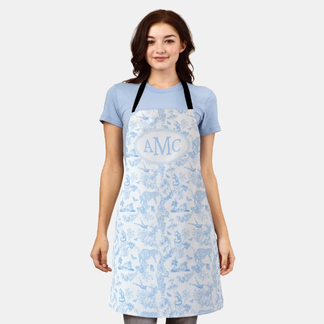 Preppy Jungle Chinoiserie Monogram in Light Blue A Apron (Worn)