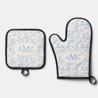 Preppy Jungle Chinoiserie Monogram in Light Blue Oven Mitt & Pot Holder Set