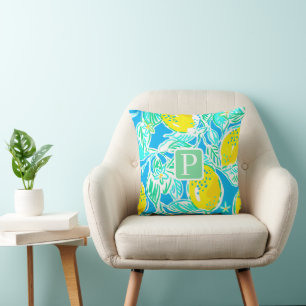Preppy Lemon Pattern Blue Monogram Cushion