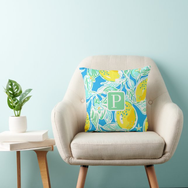 Preppy Lemon Pattern Blue Monogram Cushion (Chair)