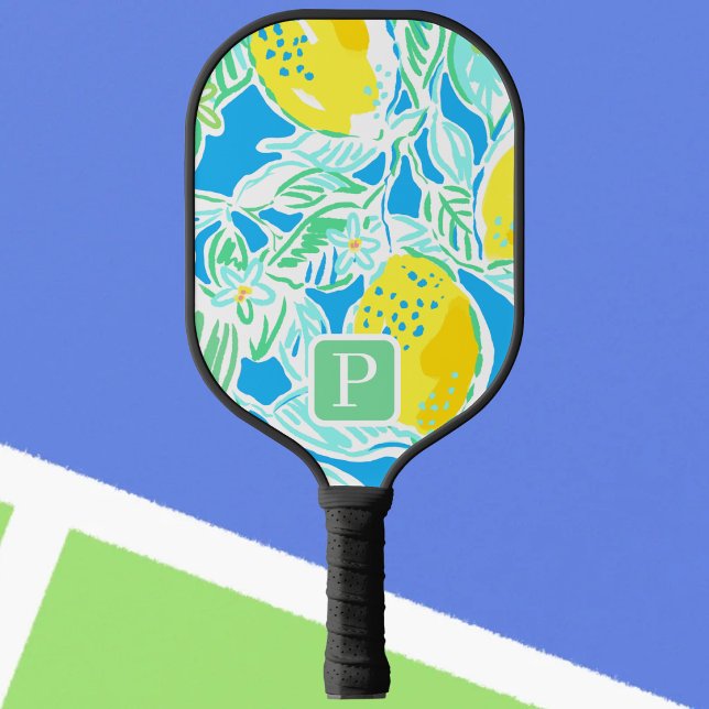 Preppy Lemon Pattern Blue Monogram Pickleball Paddle (Creator Uploaded)