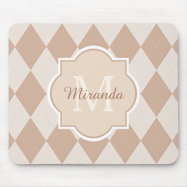Preppy Light Brown Argyle Girly Monogram and Name Mouse Mat (Front)