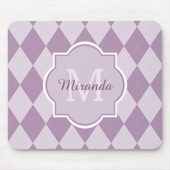 Preppy Light Purple Argyle Girly Monogram and Name Mouse Mat (Front)